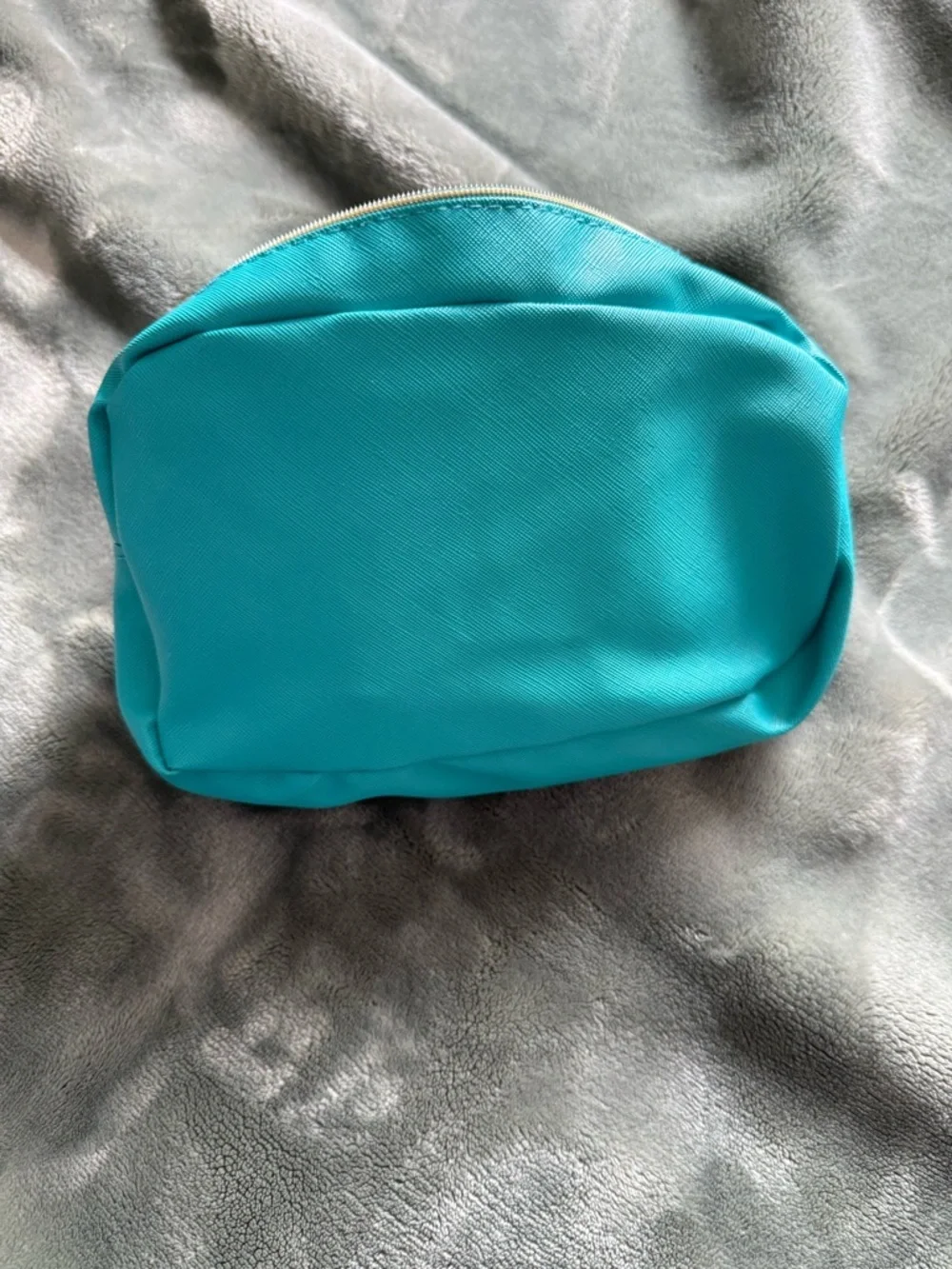 Turquoise 'STUFF' Cosmetic Pouch with Pink Chenille Patch